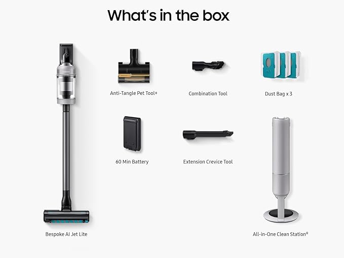 Samsung Bespoke AI Jet Lite Cordless Stick Vacuum with All-in-One Clean Station 280AW Suction Long Battery Life Anti-Tangel Pet Tool 2025 Pebble Gray VS80F28DMP/AA