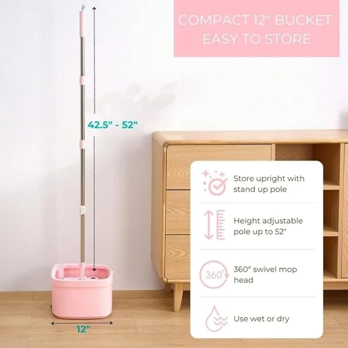 Spin Mop and Bucket Set – Rose Pink 360° Rotating Mop with Wringer for Easy Floor Cleaning