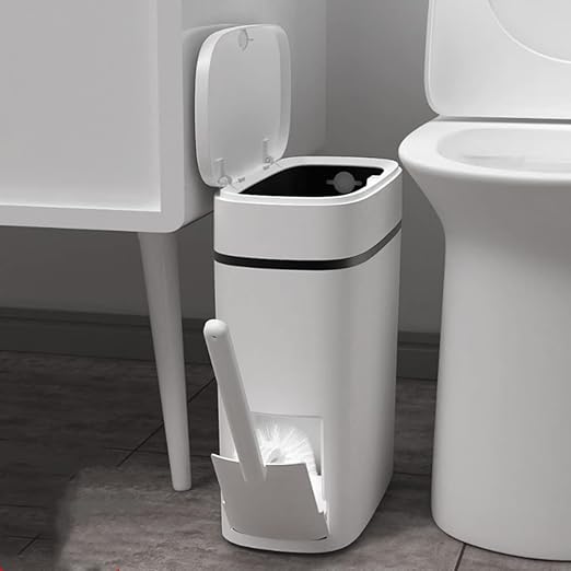 Bathroom Trash Can with Lid 14 Liter/ 3.7 Gallon Bathroom Trash Can and Toilet Brush Set for Restroom Bedroom Living Room Office White Lid