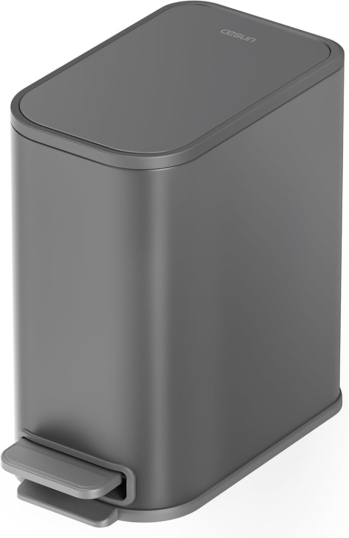 Cesun Small Bathroom Trash Can with Lid Soft Close Step Pedal 5 Liter / 1.3 Gallon Stainless Steel Garbage Can with Removable Inner Bucket Waste Basket for Bathroom Bedroom (Gray)