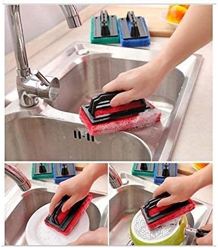 Tile Floor Cleaning Brush with Sponge Scrub Pad &amp Handle Pack of 6 Pieces Multicolor