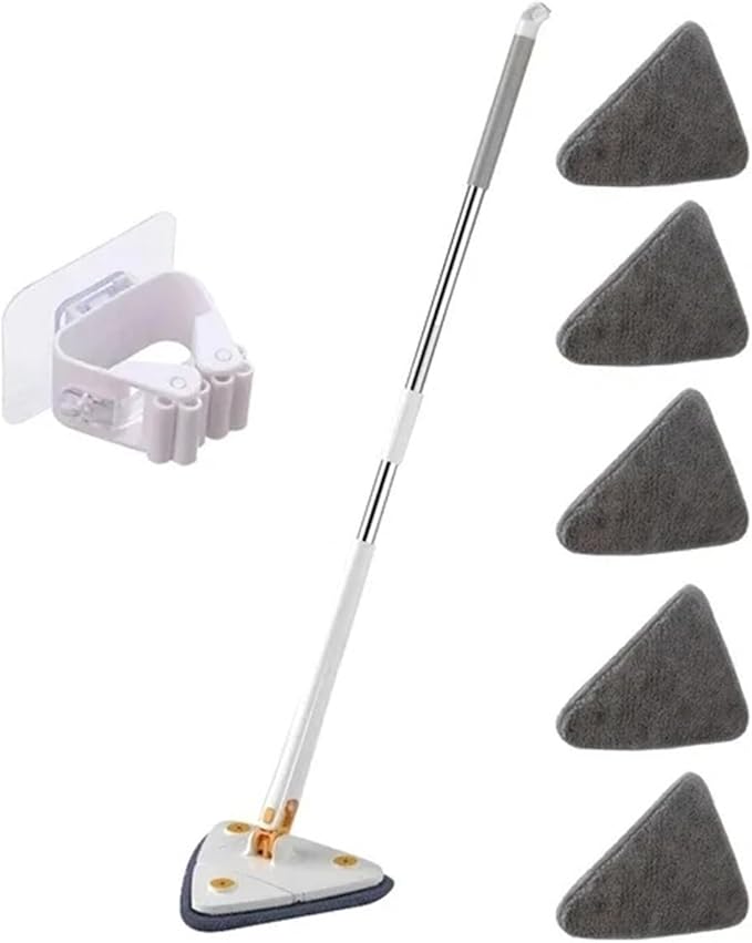 360° Swivel Telescopic Triangle Mop Cleaning Adjustable Squeeze Wet and Dry Using Absorbent Household Floor Tools(White 5pcs Cloth)