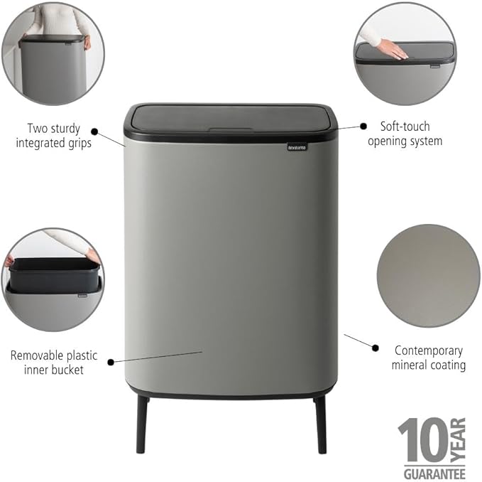 Brabantia Bo Hi Touch Top Kitchen Trash Can with Single Compartment &amp Raised Legs | Mineral Concrete Gray | 16 Gal Inner Bucket | Soft-Close Light Touch Opening Stay-Open Lid | + Trash Bags