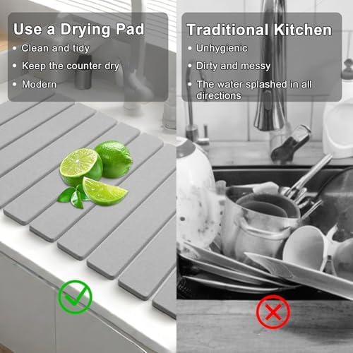 Large Stone Dish Drying Mat for Kitchen CounterEquipped Dish Rack Diatomaceous Earth Material Foldable and Super Absorbent Dish Drying Pad Suitable for Tableware Bottles and Cup (Grey 24×16 IN)