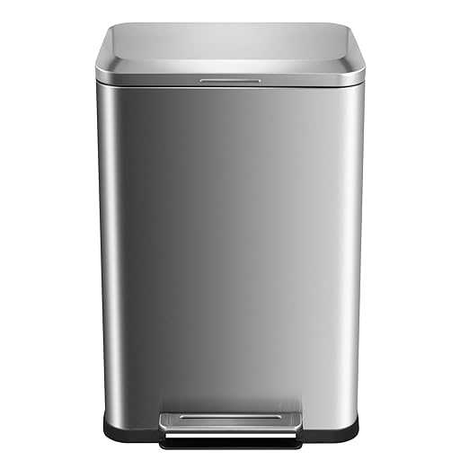 Stainless Steel 50 Liter / 13 Gallon Trash Can Rectangular Steel Pedal Recycle Bin with Lid and Inner Buckets Rectangular Hands-Free Kitchen Garbage Can