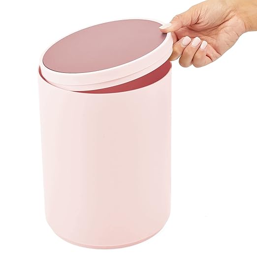 mDesign Plastic Small Slim Round 1.7 Gallon/6.5 Liter Trash Can with Removable Swing Lid - Light Pink/Rosette Pink