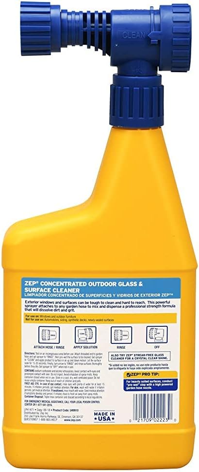Zep Hose End Outdoor Glass and Surface Cleaner - 32 oz (Case of 6) - U49910 - Easy-To-Use Attach and Spray for A Streak-Free Shine
