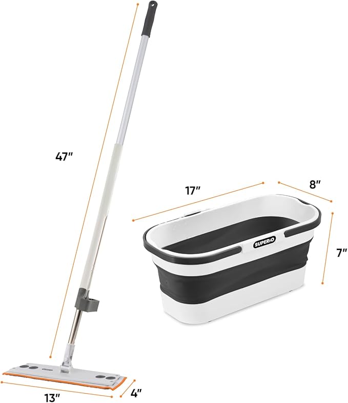 Superio Fold N' Go 10L Collapsible Mop Bucket with Wheels &amp Self-Wringing Microfiber Flat Mop - Portable Hands-Free Cleaning Set for Home Car Kitchen Bathroom Hardwood &amp Tile Floors