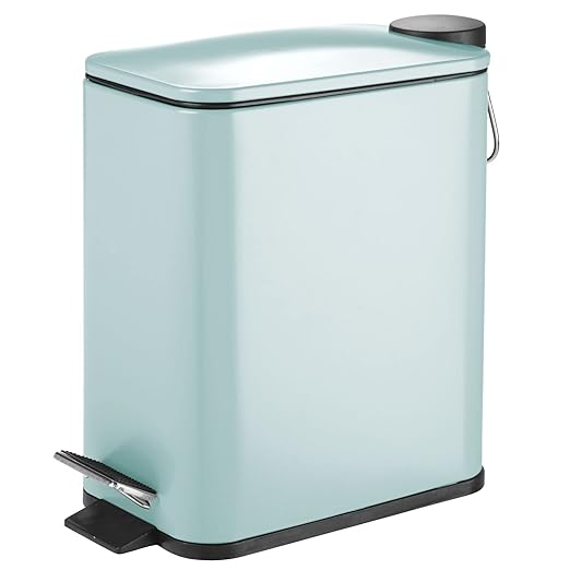 mDesign Slim Metal Rectangle 1.3 Gallon/5 Liter Trash Can with Step Pedal Easy-Close Lid Removable Liner - Narrow Wastebasket Garbage Container Bin for Bathroom Bedroom Kitchen - Matte Mint Green