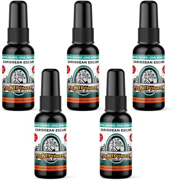 BluntPower (Caribbean Escape 5 Pack) Concentrated Odor Eliminator and Diffuser Oil - Room Deodorizer Odor Eliminator and Smoke Eliminator Spray - Premium Oil Based Air Freshener &amp Odor Eliminat