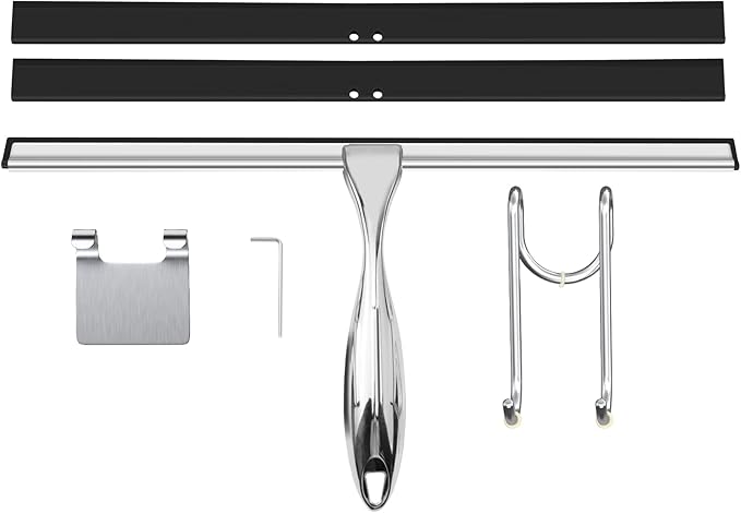 TOOVEM 14 Inch Shower Squeegee for Glass Doors Window Bathroom Car Windshield Shower Cleaning Tools with S Hook Square Sticky Hook (Silver)