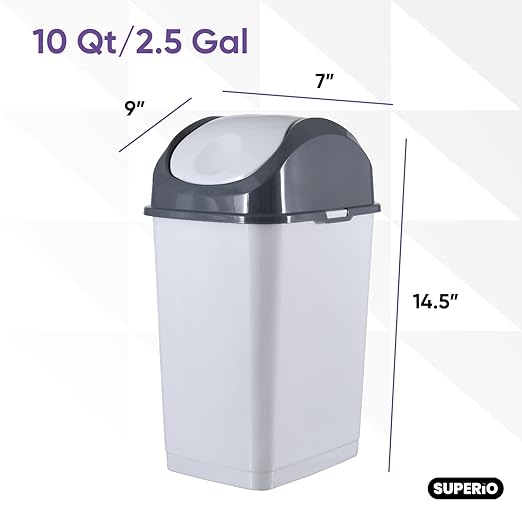 Superio Small 2.5 Gallon Plastic Trash Can with Swing Top Lid Compact Slim Waste Bin for Under Desk Office Bedroom Bathroom Dorm Room 10 Qt. Portable Garbage Can (SmokeWhite/Grey 2 Pack)