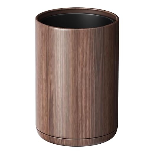8L/2.1GAL Dark Brown Modern Metal Waste Bin with Realistic Wood TextureBuilt-in Bag HolderOffice Trash CanOpen-Top Trash Binfor BathroomHomeOfficeLiving Room (2.1gal Round)