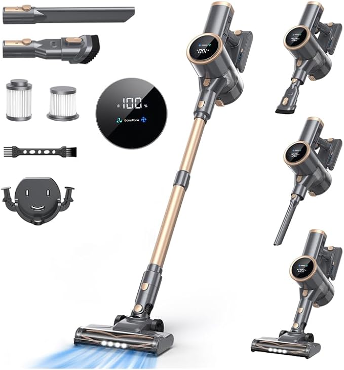 N12S Cordless Vacuum Cleaner 30KPa Powerful Vacuum with 60 Mins Runtime Self-Standing LED Display Rechargeable Lightweight Handheld Vacuum Cleaners