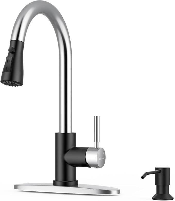 WEWE Kitchen Faucet with Soap Dispenser and Pull Down Sprayer RV Single Handle Classic 3 Modes Stainless Steel Faucet for Kitchen Sink RV Black and Polished Chrome