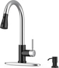 WEWE Kitchen Faucet with Soap Dispenser and Pull Down Sprayer RV Single Handle Classic 3 Modes Stainless Steel Faucet for Kitchen Sink RV Black and Polished Chrome
