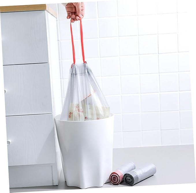Disposable Drawstring Trash Bags 90pcs Portable Garbage Bags with Handles Gray and White Color Random Suitable for Kitchen Bathroom Car Use Random Color