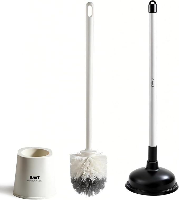 Toilet Brush with Plunger Set Black Plastic 2 Piece Bathroom Cleaning Tool Kit with Holder