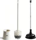 Toilet Brush with Plunger Set Black Plastic 2 Piece Bathroom Cleaning Tool Kit with Holder