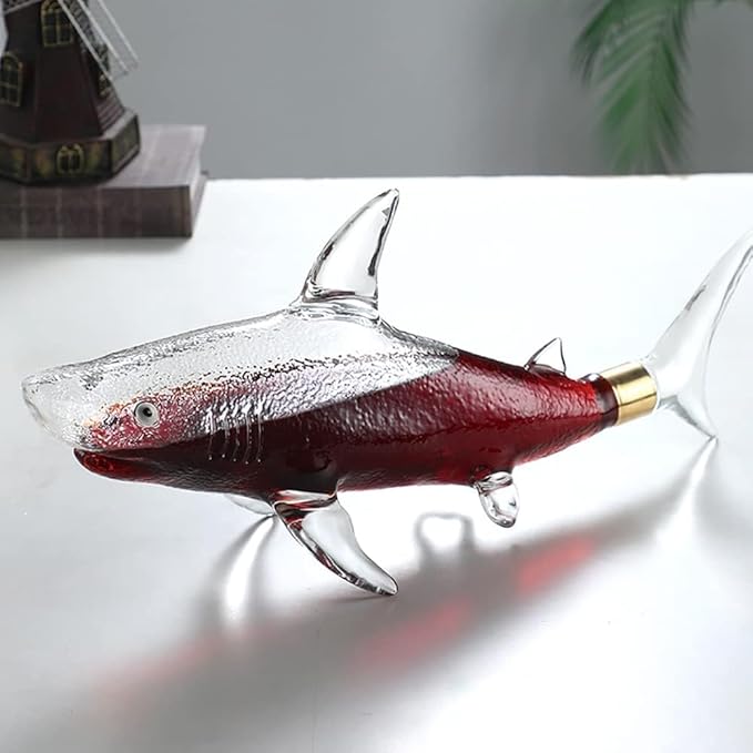 Wine Decanters 1000ml Sharks Whiskey Decanter Set with 4 Glasses &amp Wood Stand Glass Liquor Decanter For Whiskey Scotch Bourbon Vodka (Decanter Set)
