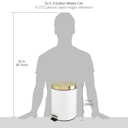 mDesign Pedal Bin — Metal Waste Bin with Pedal Lid and Plastic Bucket Insert — Perfect for Bathroom Kitchen and Office — Household Rubbish Bin with Ergonomic Design — White/Gold