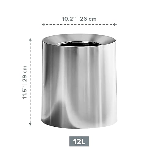 Modern Polished Stainless Steel Design Garbage Can - 12L I 3.2-Gallon Spill-Proof Trash Basket - Indoor Outdoor Waste Bin w/Removable Trash Bin Liner with Wide Rim
