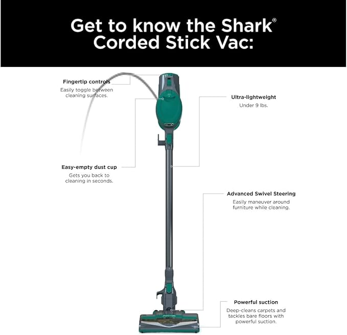 Shark Corded Stick Vacuum Ultra-Lightweight Swivel Steering Powerful Deep-Cleaning Floor-to-Ceiling Versatility Converts to a Handheld Vacuum Carpets &amp Hardfloor Green CS110EM