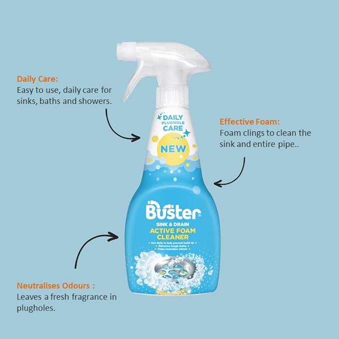BUSTER Active Foam Sink &amp Drain Cleaner 500ml x 2 - Sink Cleaner to Remove Limescale &amp Stains - Daily Plughole Foam Cleaner &amp Odour Eliminator – Foam Cleaner for Sinks Showers Drains and
