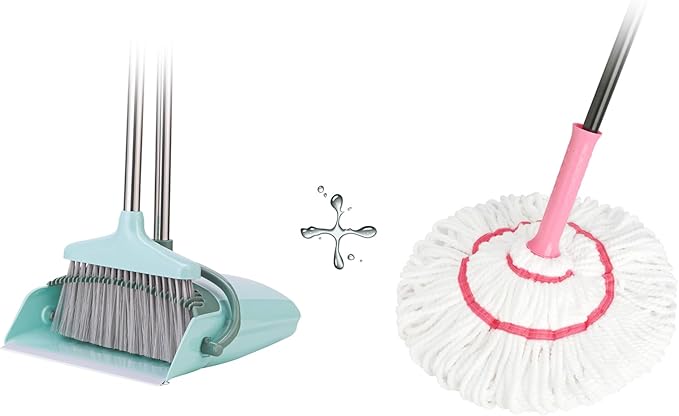 XXXFLOWER Broom and Dustpan Set with Cleaning Teeth+Self-Wringing Twist Mop for Floor Cleaning 57” Long Handle Heavy Duty Microfiber Mop for Wet Mopping on Tile Hardwood Kitchen Bathroom