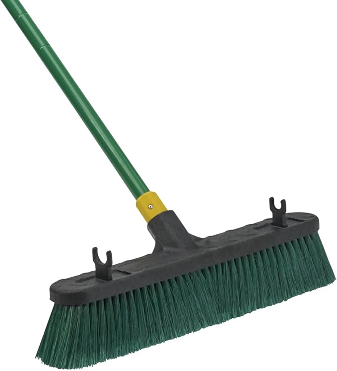 Quickie Bulldozer 18-Inch Multi-Surface Push Broom Green Heavy-Duty with Swivel Hang-Up Feature Perfect for Indoor and Outdoor Cleaning Sweeping Sidewalks &amp Warehouses