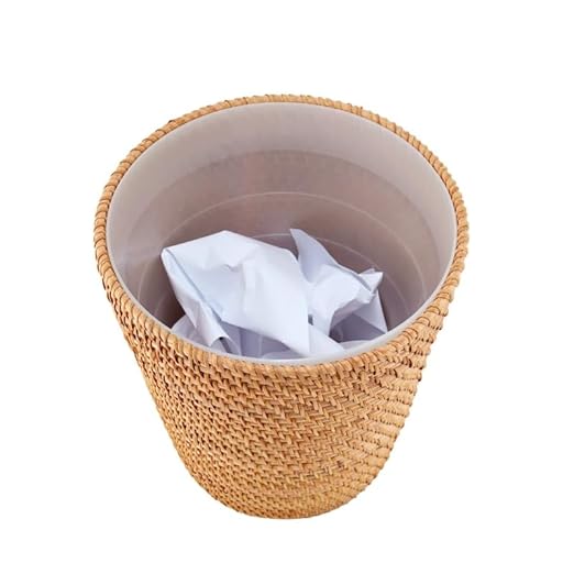 Hand-Woven Rattan Wastebasket with Removable Liner Natural Honey-Brown 11 Inch Height 2.5 Gallon Capacity Bathroom Bedroom Trash Bin