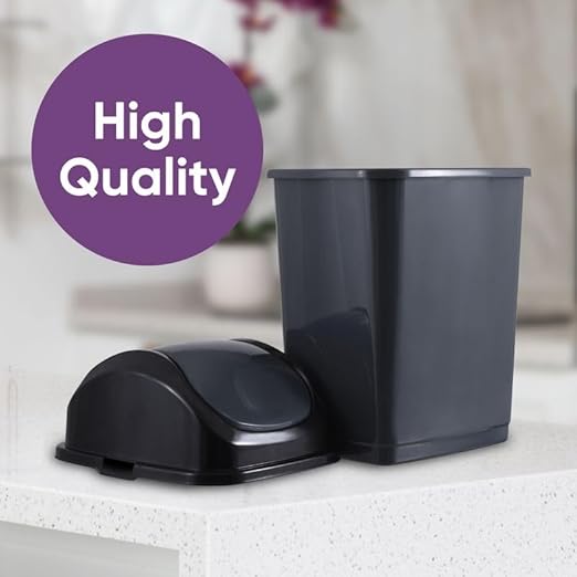 Superio Kitchen Trash Can with Swing Top Lid 9 Gallon Slim Waste Bin 37 Qt Sturdy Plastic Garbage Can Medium Recycling Bin for Office Bathroom Under Counter Dorm Bedroom (Dark Grey-2 Pack)