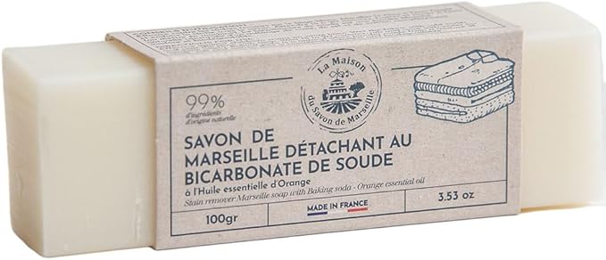 La Maison du Savon de Marseille - Traditional French Soap Stain Remover Stick with Baking Soda and Orange Essential Oil - Effective on Stubborn Stains - Deep Cleaning to Restore Laundry - 3.5 oz