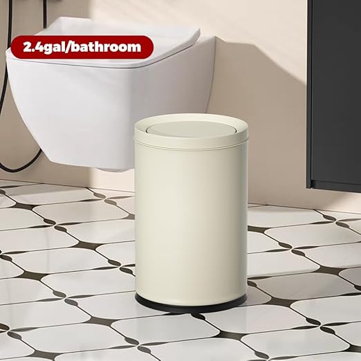 2.4GAL Off White Metal Garbage Can Double-Layer with Inner LayerSmall Bathroom Trash Can with FILP Lid for BedroomOfficeHotelBank
