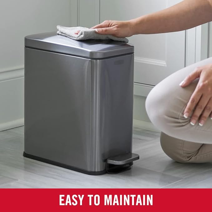 Rubbermaid Stainless Steel Slim Step-On Trash Can 2.6-Gallon Charcoal Wastebasket with Lid for Home/Bathroom/Kitchen
