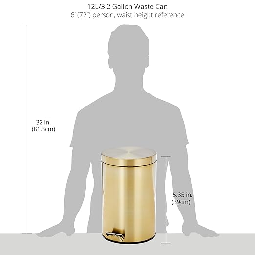 mDesign Tall 3.2 Gallon/12 Liter Round Metal Step Trash Can Wastebasket Garbage Container Bin fo Kitchen Bathroom Home - Removable Liner Bucket - Soft Brass