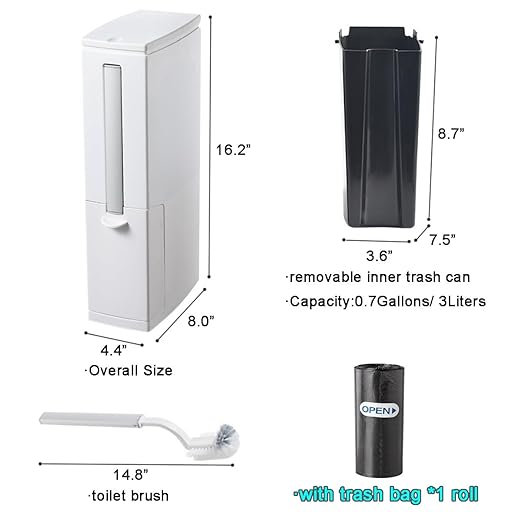 Slim Bathroom Trash Cans with Lid 4.4 Inches Wide/0.7 Gallons(3 Liters)Small Narrow Lidded Bathroom Trash Can with Toilet Brush for RV CamperTiny Garbage Can Rv Accessories for Inside(White)