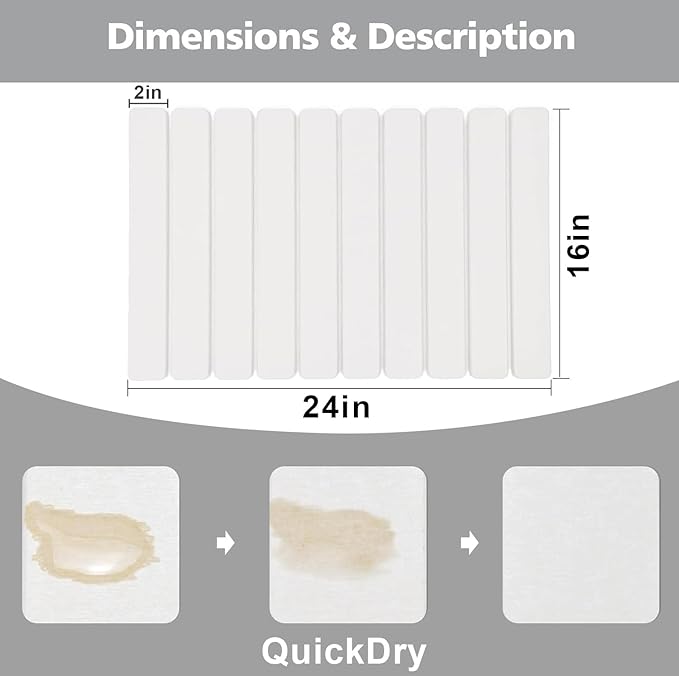 Large Stone Dish Drying Mat for Kitchen CounterEquipped Dish Rack Diatomaceous Earth Material Foldable and Super Absorbent Dish Drying Pad Suitable for Tableware Bottles and Cup (White 24×16 IN)