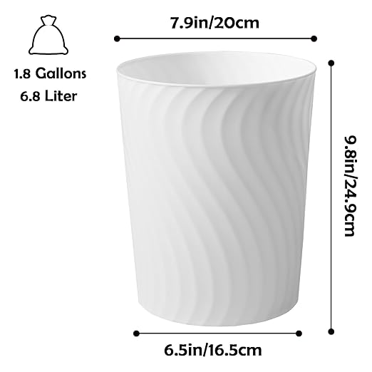 YGJT Small Trash Can 6 Pack 1.8 Gallons Bathroom Trash Can Slim Waste Basket Round Garbage Can Plastic Trash Bin for Kitchen Dorm Bedroom Office Living Room Study Compact Spaces(White)
