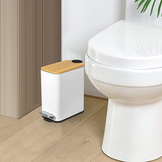 SIDIANBAN Bathroom Trash Can with Bamboo Lid Soft Close and Foot Pedal Small Rectangular Slim Garbage Can with Inner Wastebasket for Bedroom Office Kitchen 1.3Gal/5L White