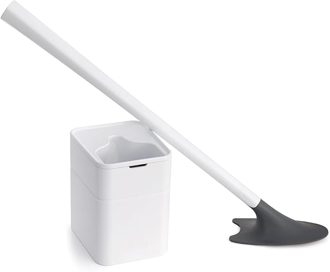 Broombi Sani-Flex Toilet Brush Squeegee and drip-Less Holder Set with a Patented Silicone Bristle-Free Head - no Mess no clinging gunk or Poo Super Clean Solution (White)