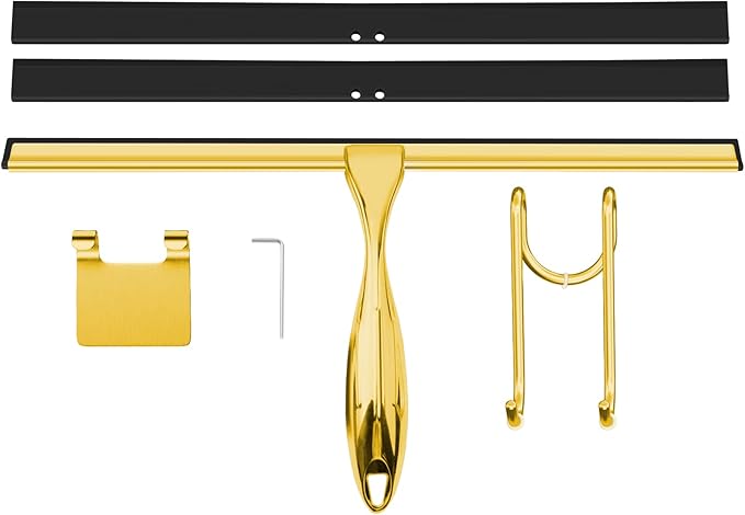 TOOVEM 14 Inch Shower Squeegee for Glass Doors Window Bathroom Car Windshield Shower Cleaning Tools with S Hook Square Sticky Hook (Gold)