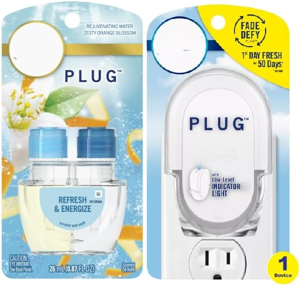 F.e.b.r.e.z.e Odor-Fighting Fade Defy Plug Air Freshener (1 Refill) of 0.87 Fl Oz + Starter Kit (Zesty Orange Blossom)