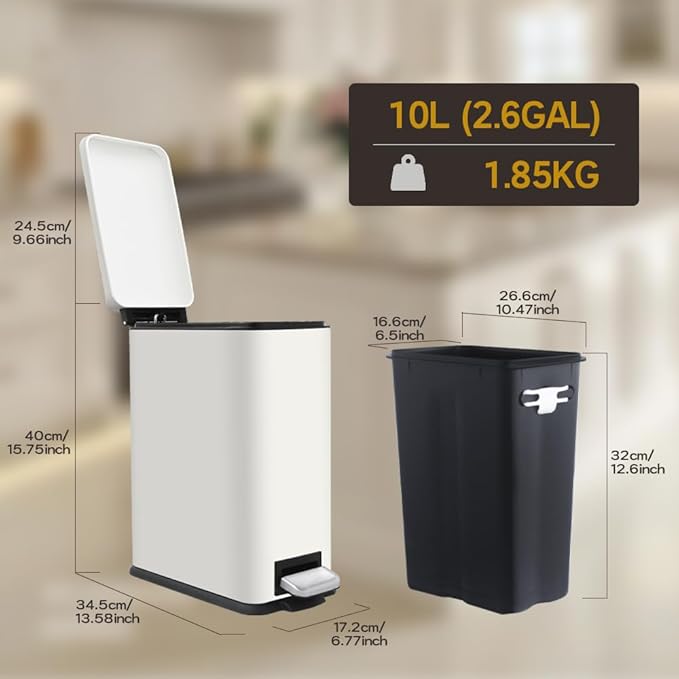Bathroom Trash Can 2.6 Gallon Trash Can with Lid Stainless Steel Pedal Trash Bin with Removable Liner for Bathroom Bedroom Kitchen Office10 Liter White Garbage Can