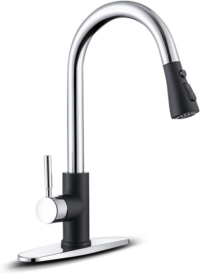 WEWE Kitchen Sink Faucet Pull Down Kitchen Faucet Black and Chrome Kitchen Faucet with Sprayer Stainless Steel Single Handle one or Three Hole for Laundry bar Kitchen Sinks