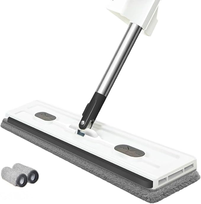 360° Rotatable Mop with Adjustable Stainless Steel Handle for Tile Hardwood – Large Flat Design for Effortless Cleaning Easy Pad Attachment(boxes of white)