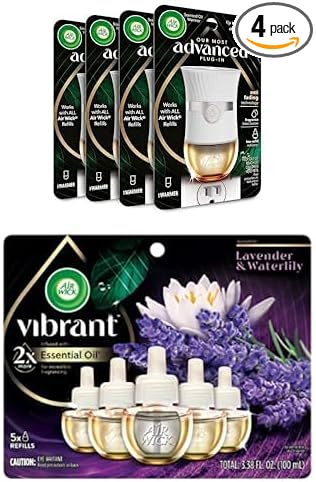 Bundle of Air Wick Advanced Plug In Scented Oil Warmer Advanced Gadget Home Air Freshener (Pack of 4 Refills Sold Separately) + Vibrant Plug in Scented Oil Refill 5ct Lavender &amp Waterlily