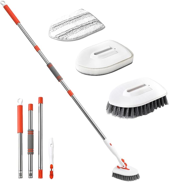 Floor Brush and Grout Brush Set with Extendable Handles Stiff Bristle Scrubber and Microfiber Cloth for Bathroom Tile and Shower Floor Cleaning Indoor Household Scrubbing Tool