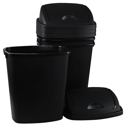 Xyskin 6 Gallon Plastic Swing Top Wastebasket Trash Can Commercial Trash Cans for Kitchen Garage or Workspace Black (4 Pack)