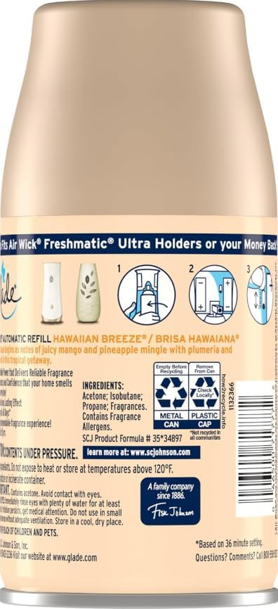 4 Pack. Gld Automatic Spray Refill Hawaiian Breeze Air Freshener 6.2 Ounce.